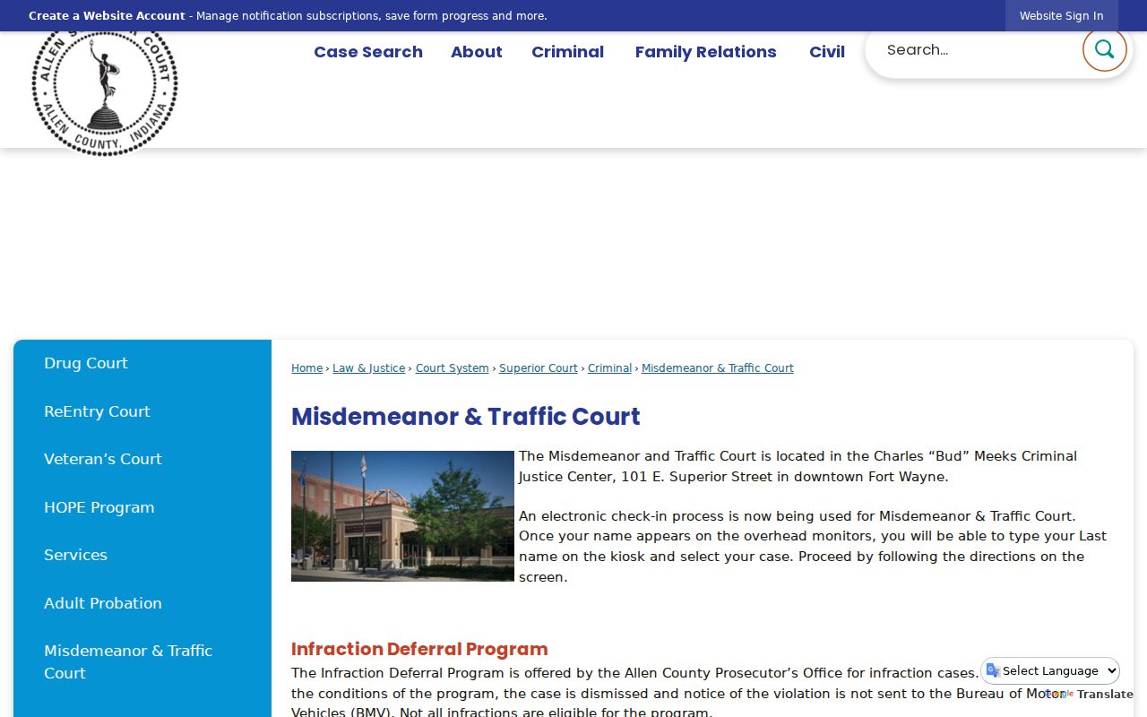 Allen County bench warrant court route at the Bud Meeks Criminal Justice Center