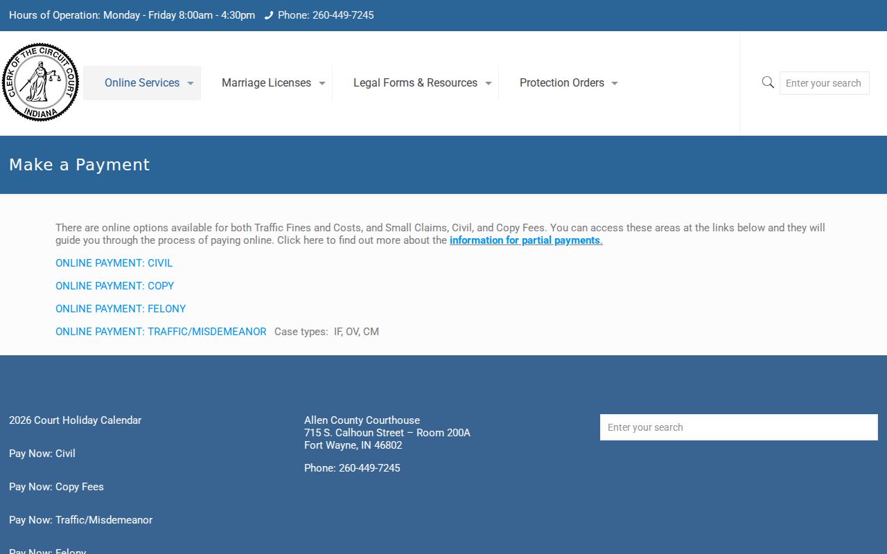 Allen County bench warrant payment categories from the Clerk