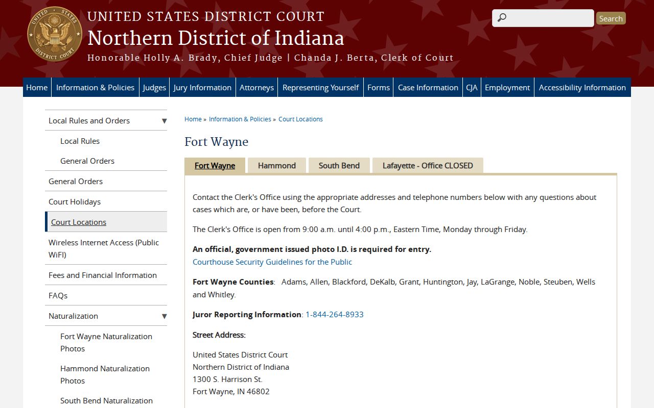 Federal Fort Wayne court contact for Allen County warrant records