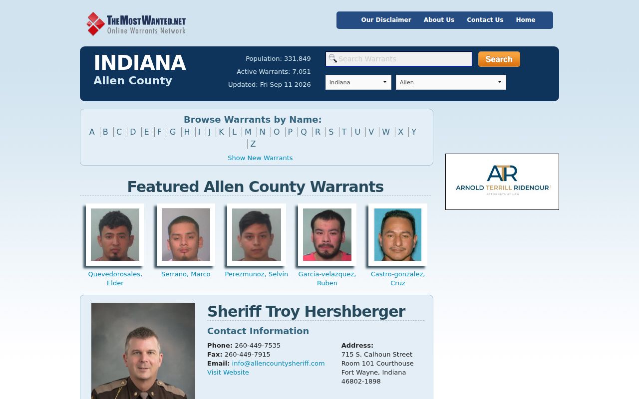 Allen County warrant search controls on the sheriff-linked interface