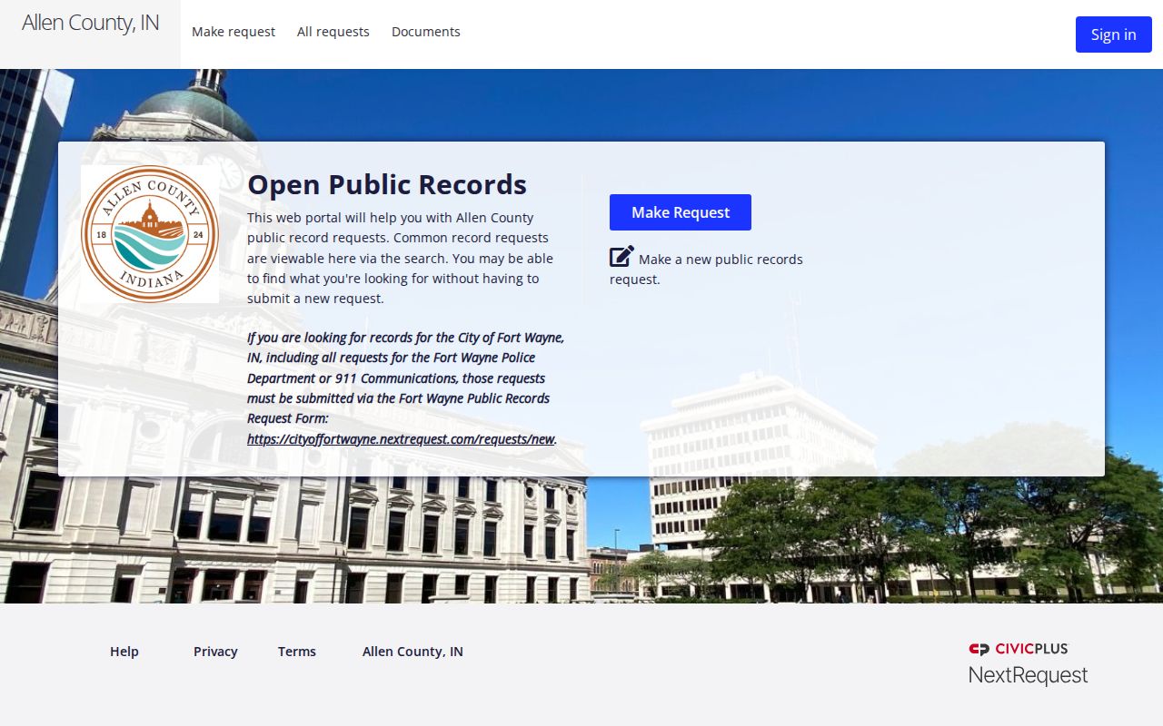 Allen County warrant records request fields in NextRequest